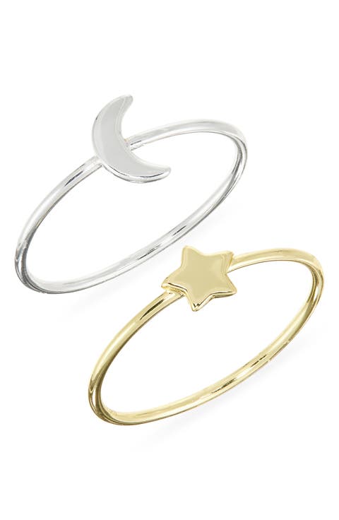 Set of 2 Two-Tone Moon & Star Stackable Rings