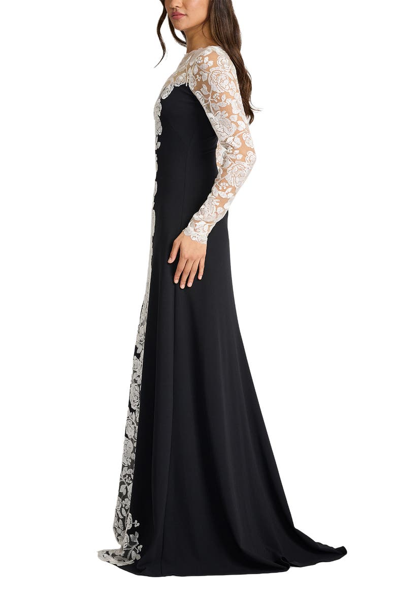 Lace Detail Long Sleeve Crepe Gown, Alternate, color, IVORY/ BLACK
