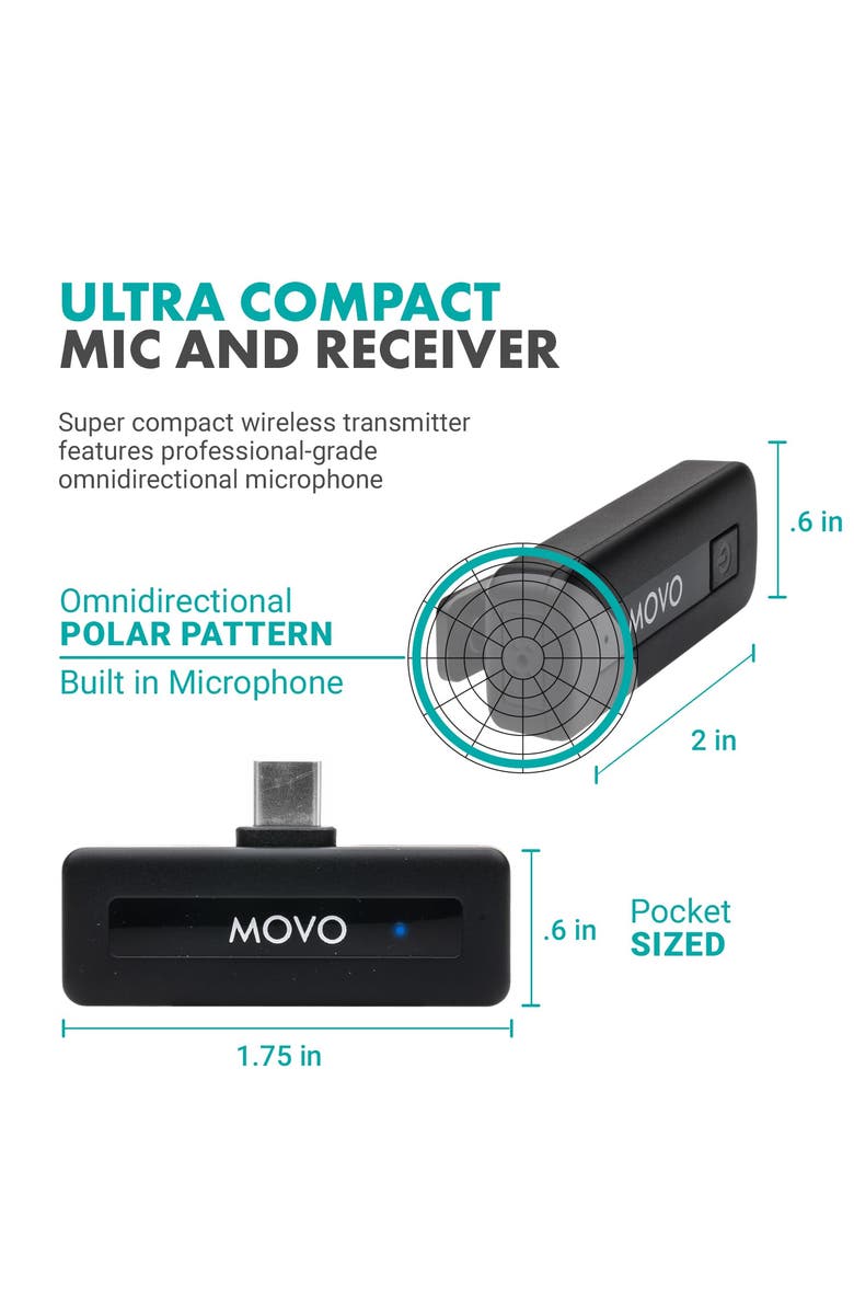 MOVO Wireless Mini USB-C Wireless Microphone for iPhone 15 and up, Alternate, color, Black