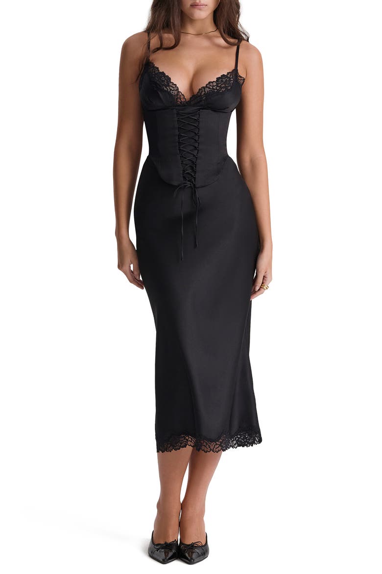 Salma Corset Satin Slipdress, Main, color, BLACK