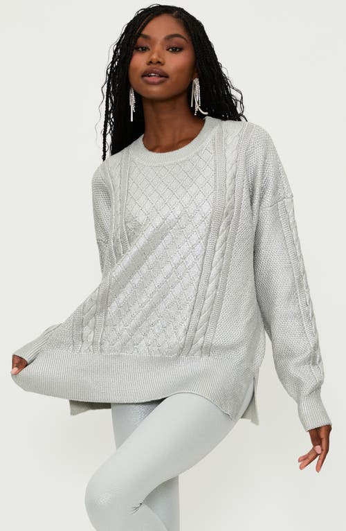 Beach Riot Callie Mix Stitch Metallic Crewneck Sweater In Silver Shine Cable