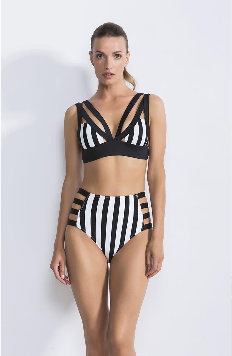 NESSI BYRD Piano Stripe Multi-Strap High-Waisted with Side Cutouts Bikini Set, Main, color, Black-White