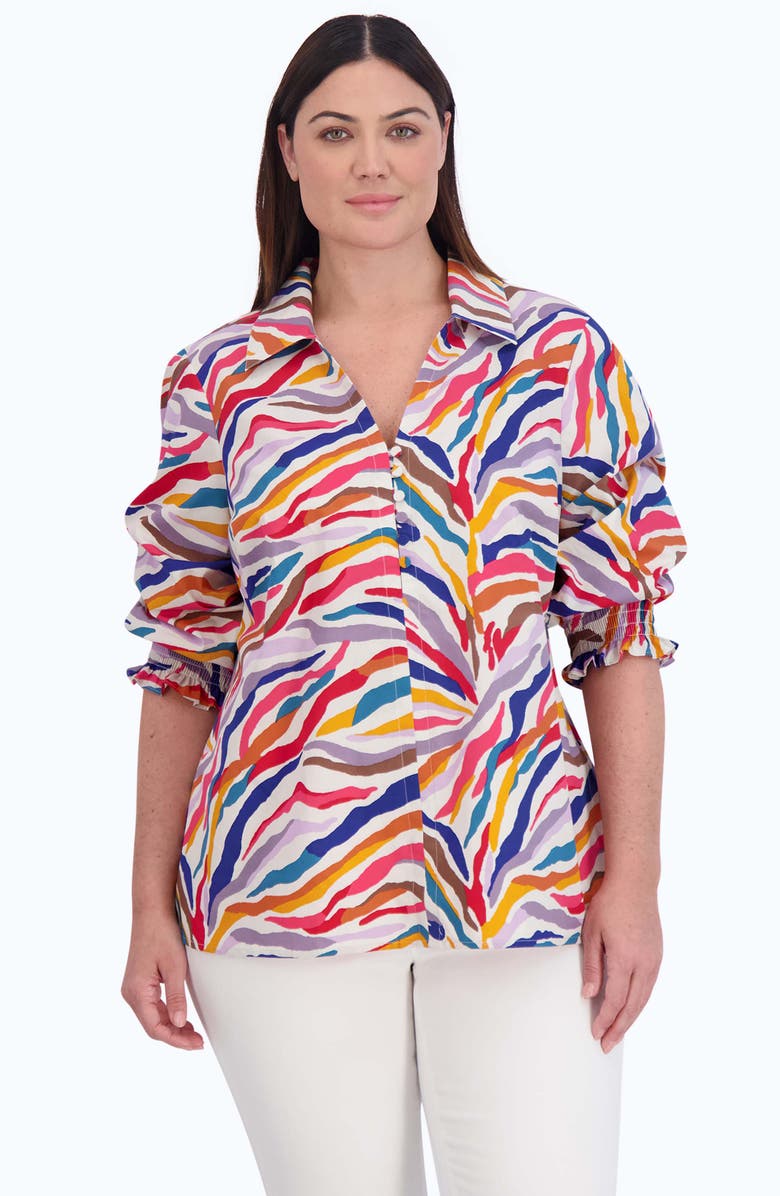 Foxcroft Alexis Stripe Smocked Sleeve Cotton Popover Top, Alternate, color, 