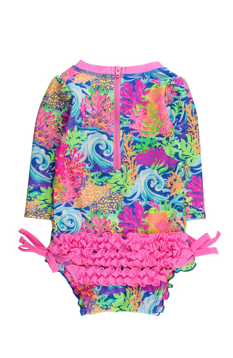 RuffleButts UPF50+ Sun Protected Neon Long Sleeve One Piece Rash Guard Swimsuit, with Signature Rear Ruffles, Alternate, color, Neon Ocean Coral