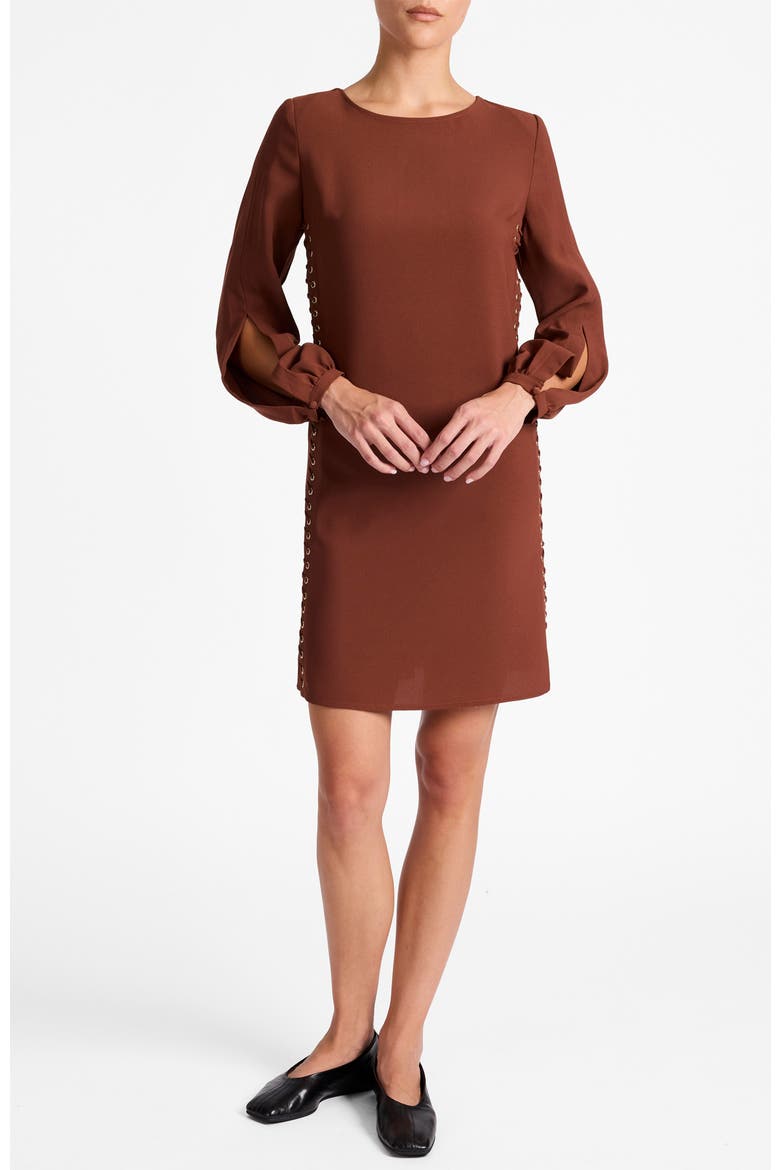 Pauli Shift Dress in Satin Back Crepe, Main, color, DARK CHESTNUT