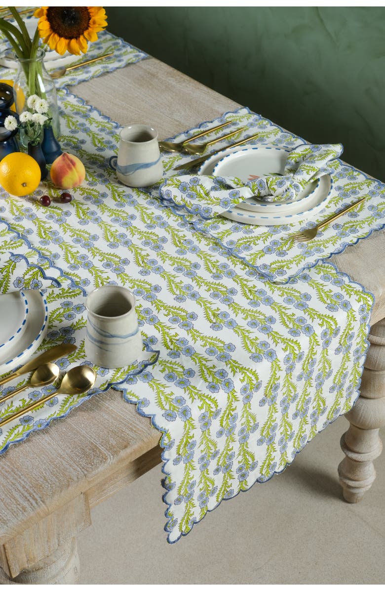 Inner Child Forget-Me-Not Scallop Embroidered Blockprint Tablerunner, Alternate, color, Red