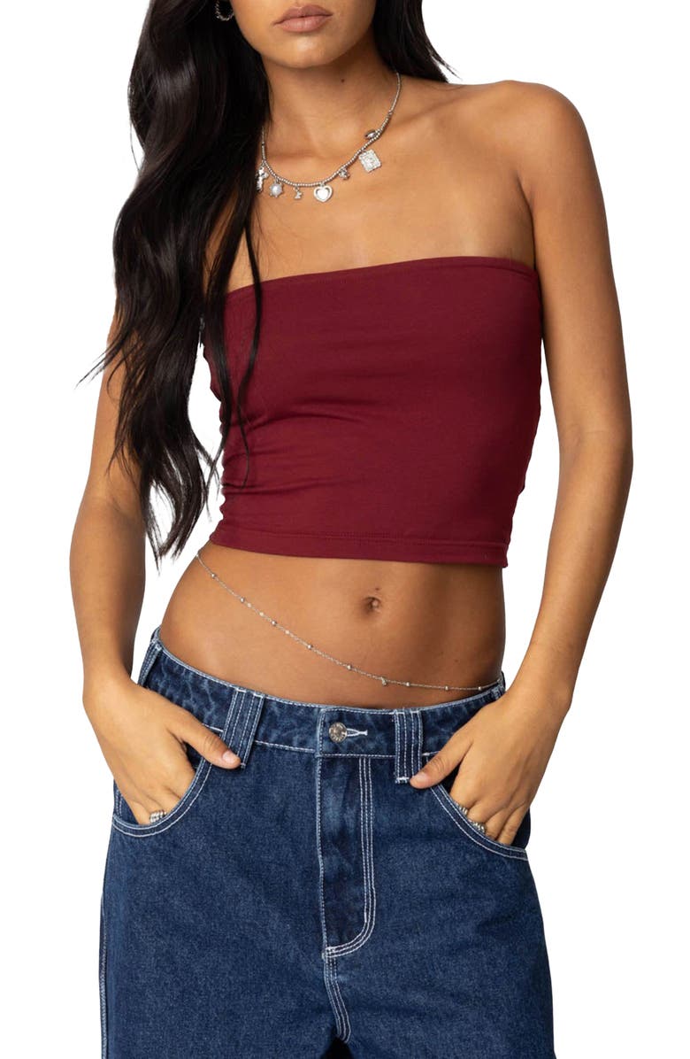 EDIKTED Basic Crop Tube Top, Main, color, Burgundy
