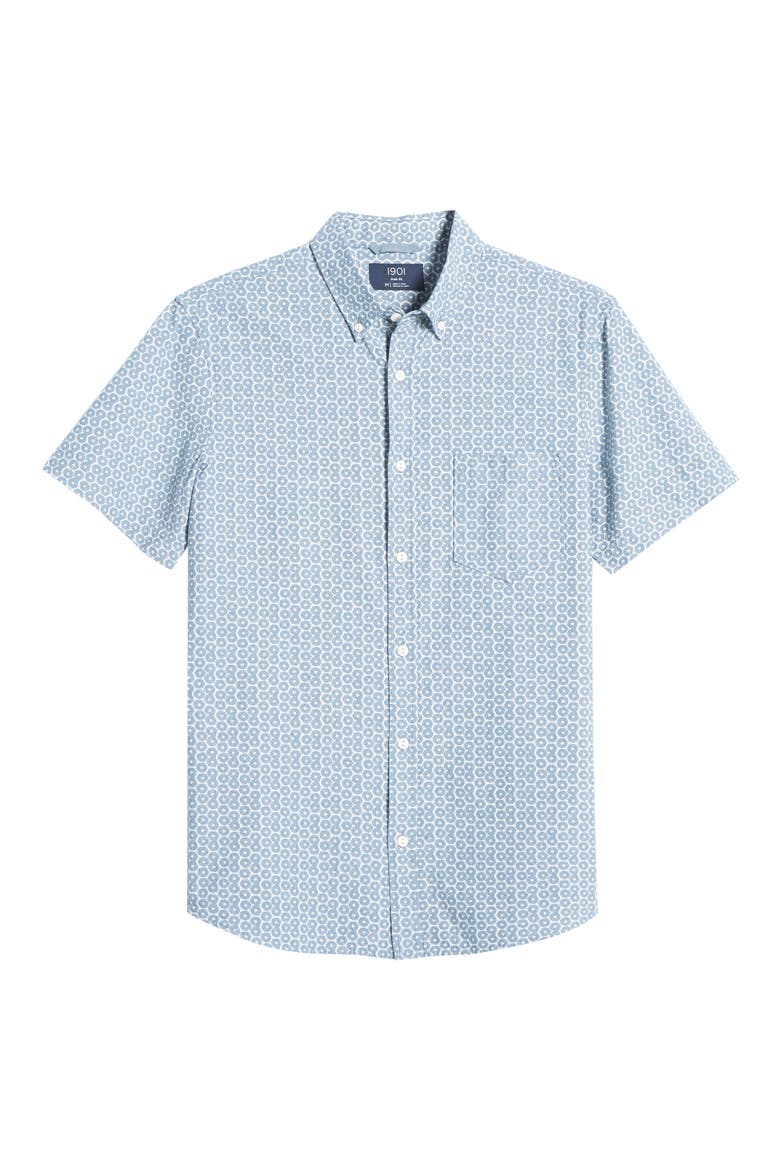 Slim Fit Shibori Geo Print Short Sleeve Button-Down Shirt, Alternate, color, BLUE CHAMBRAY SHIBORI GEO