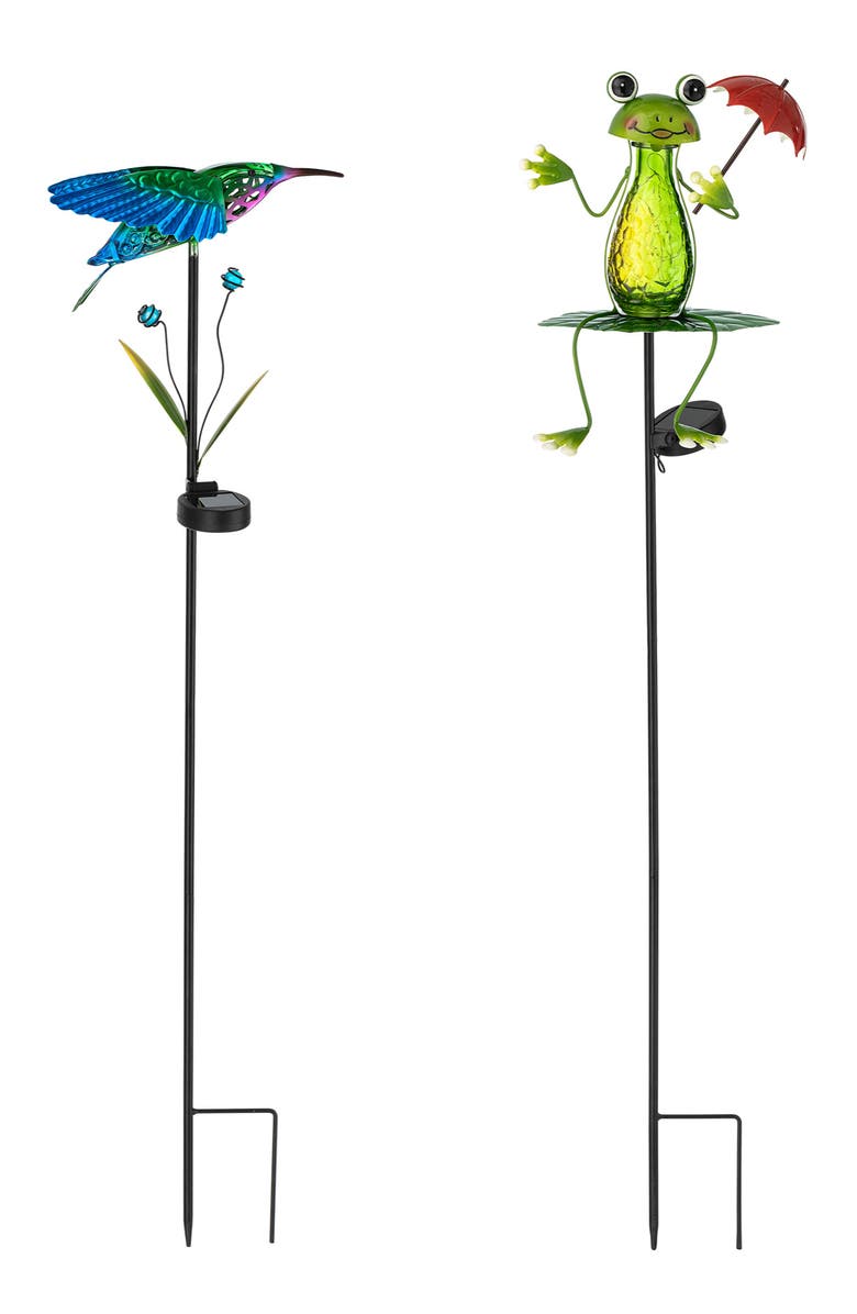 Glitzhome Set of 2 36"H Solar Hummingbird & Frog Yardstakes, Alternate, color, Green