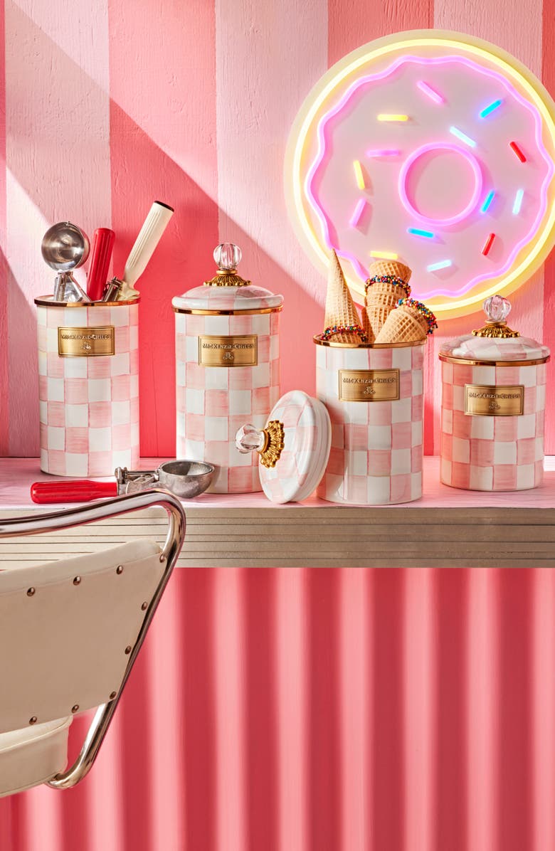 MACKENZIE CHILDS Rosy Check Enameled Steel Small Canister, Alternate, color, Pink/ White