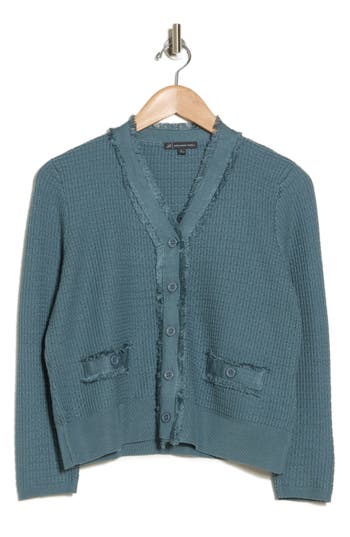 Adrianna Papell Frayed Waffle Knit Cardigan In Soft Denim