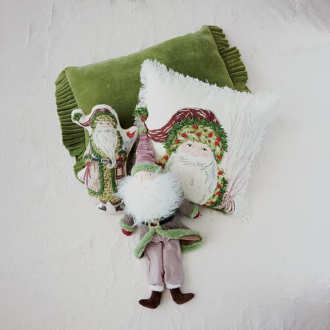 Artisan Santa Embroidered Cotton Pillow with Velvet Back