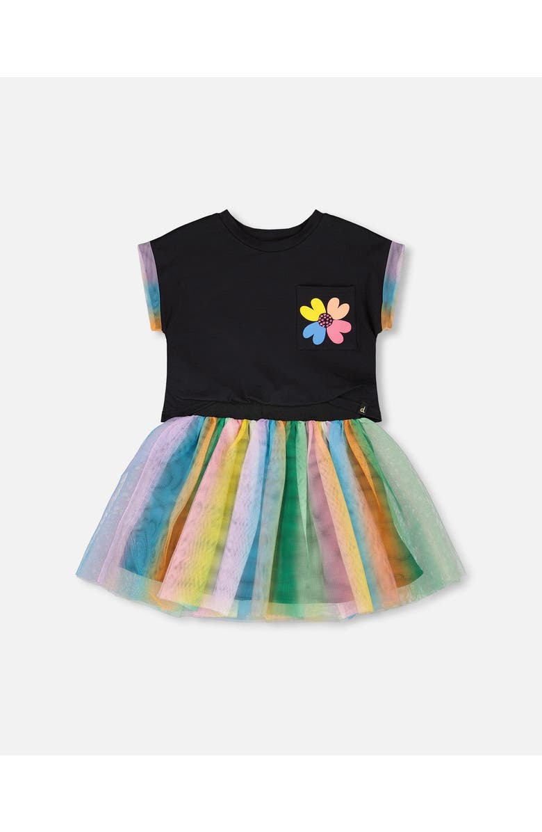 Deux par Deux Organic Cotton and Mesh Short Sleeve Dress, Main, color, Black