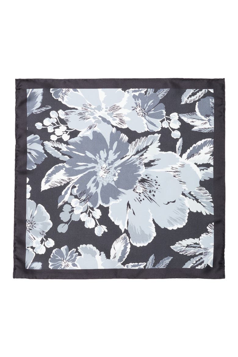 Floral Silk Pocket Square, Alternate, color, BLACK/ SILVER
