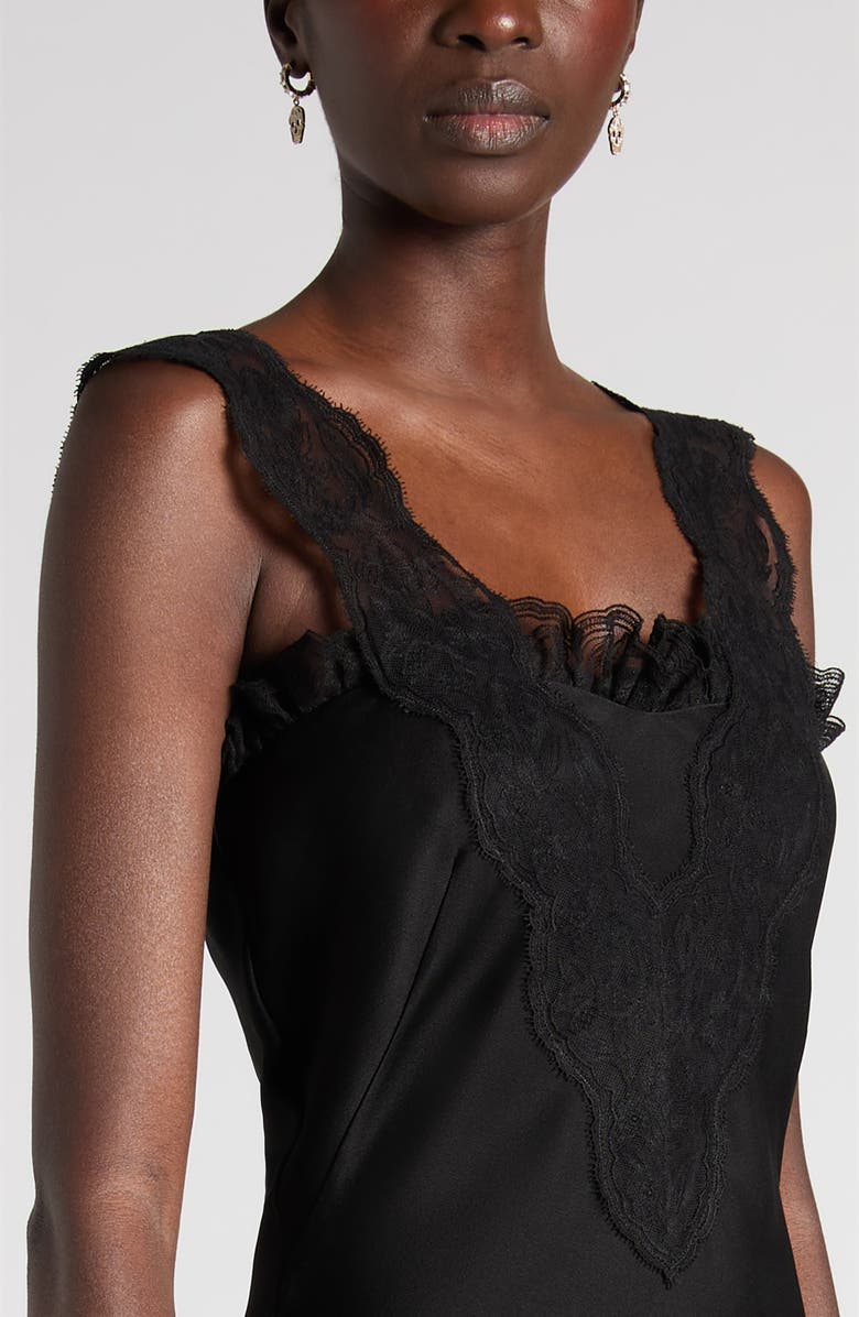 McQueen Lace Trim Satin Cocktail Dress, Alternate, color, Black