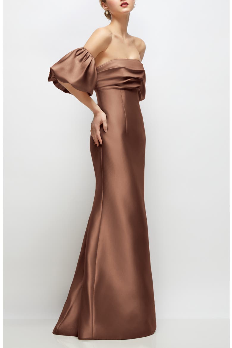Off the Shoulder Puff Sleeve Satin Gown, Alternate, color, COGNAC