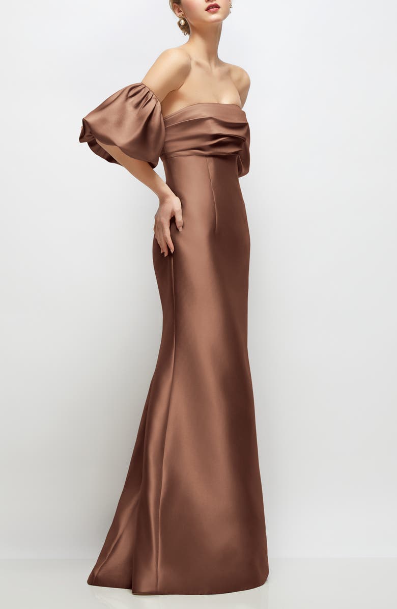Alfred Sung Off the Shoulder Puff Sleeve Satin Gown, Alternate, color, Cognac