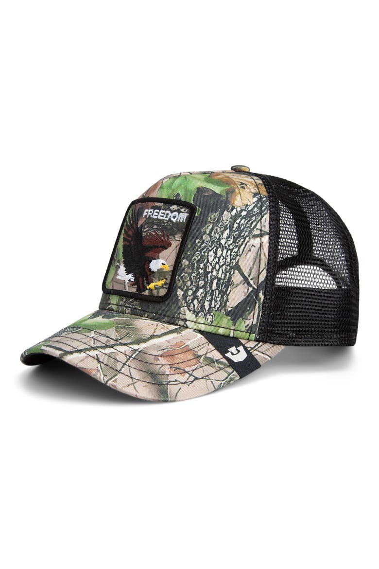 Eagle Embroidered Patch Trucker Hat, Main, color, CAMOUFLAGE