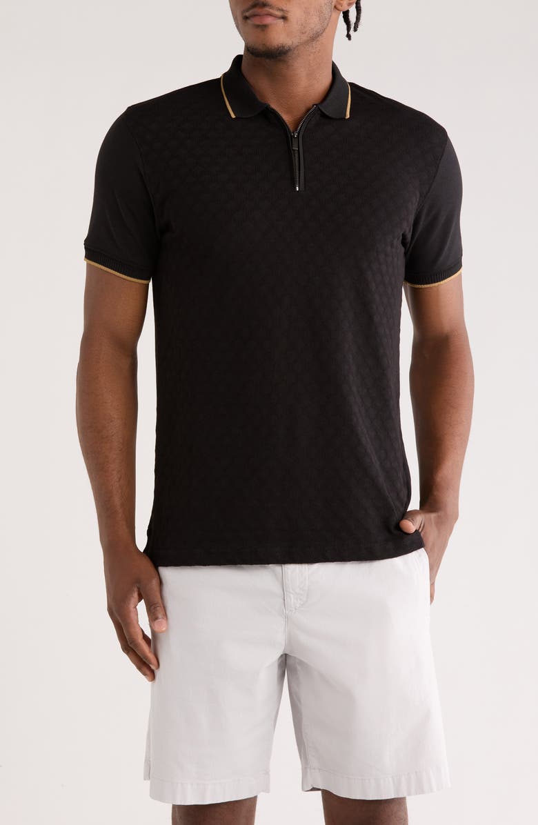 DENIM AND FLOWER Short Sleeve Cotton Blend Polo, Main, color, Black