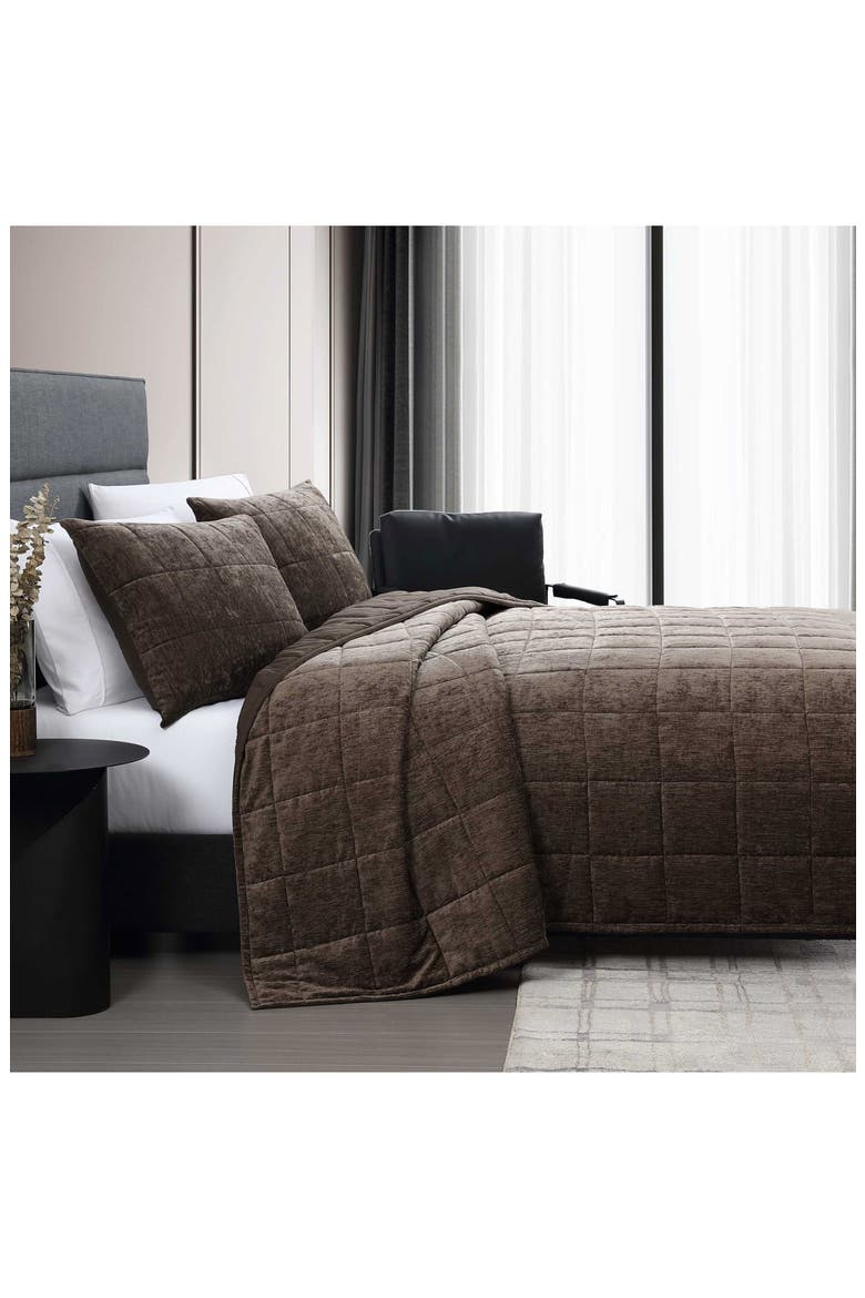 Solid Box Stitched Chenille Quilt & Shams Set, Alternate, color, DARK BROWN