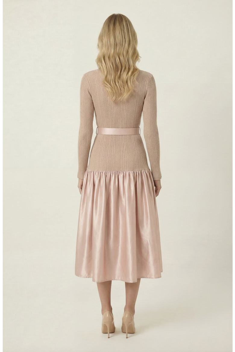 Ribbed Knit and Satin Midi Dress, Alternate, color, Blush Pink