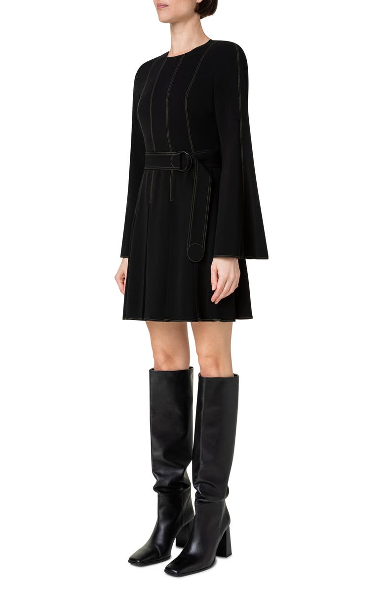 Akris punto Topstitch Pleated Bell Long Sleeve Crepe Dress, Alternate, color, 009 Black