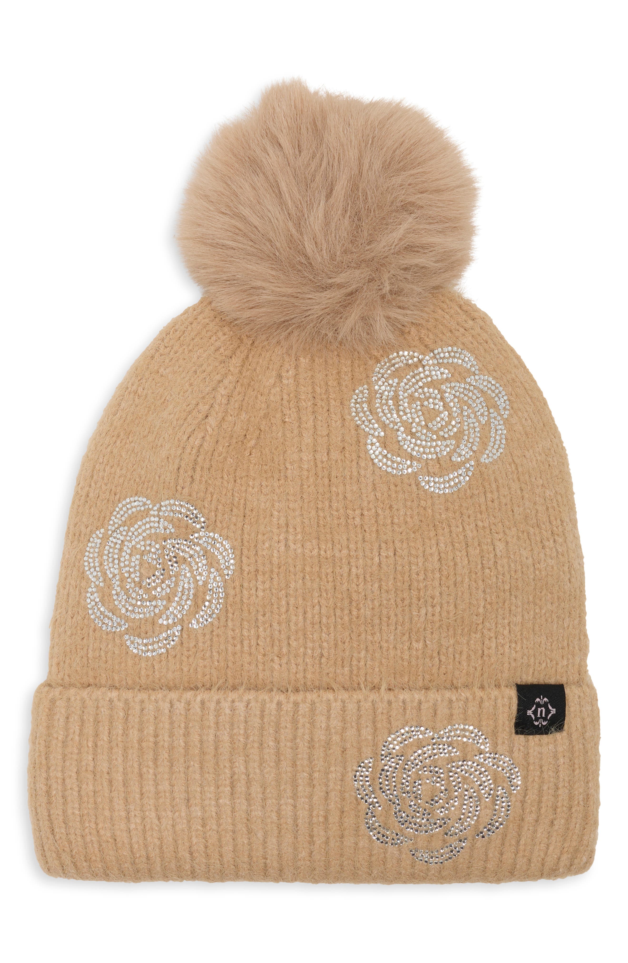 Floral Beanie with Faux Fur Pom