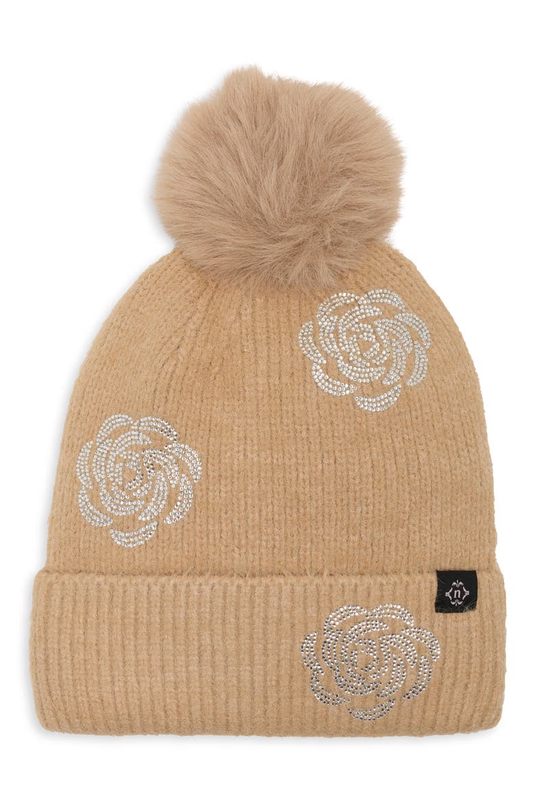 Floral Beanie with Faux Fur Pom, Main, color, TAUPE