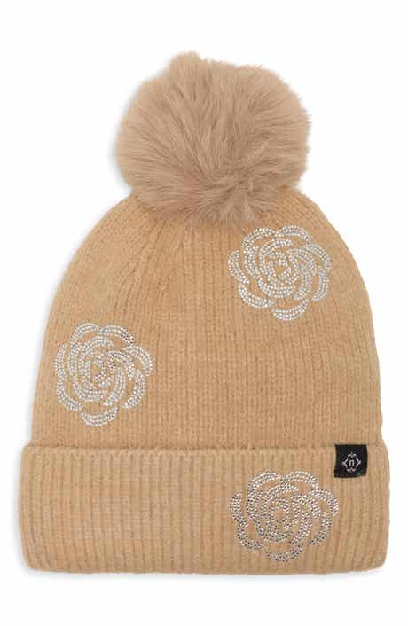 Floral Beanie with Faux Fur Pom