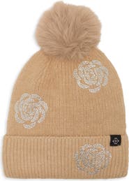 Nanette Lepore Floral Beanie with Faux Fur Pom
