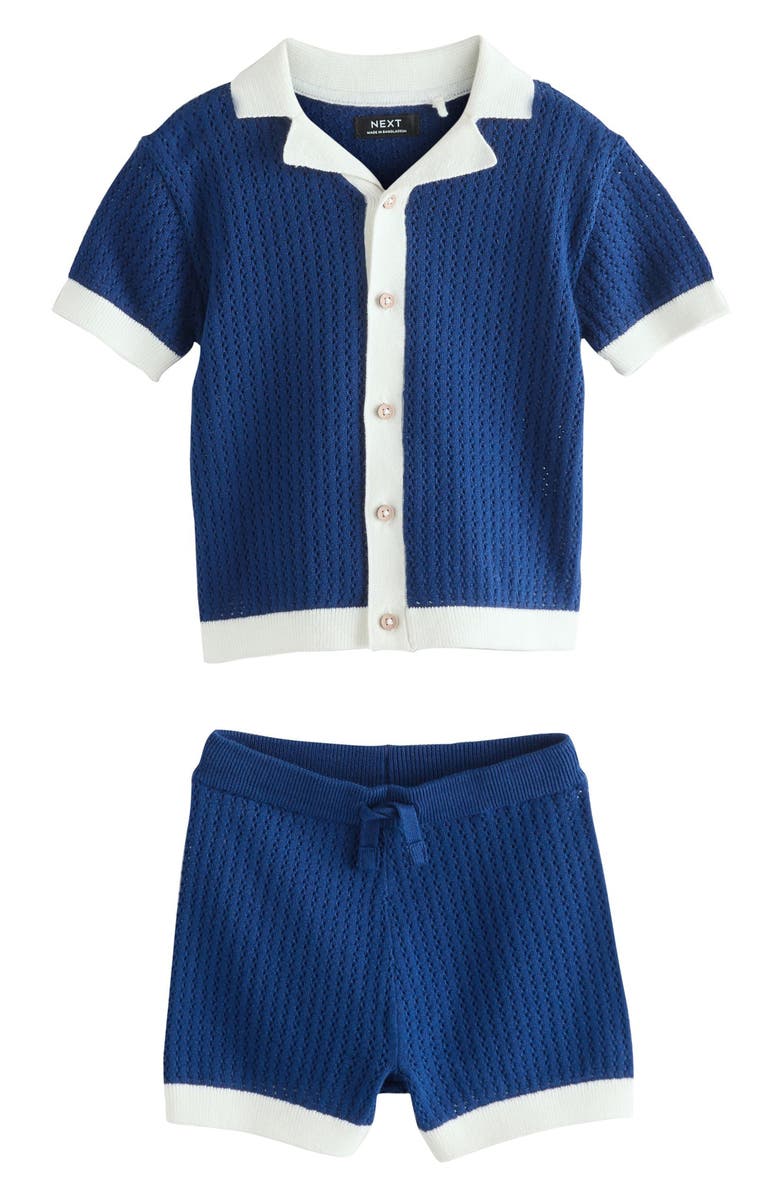 NEXT Kids' Open Knit Camp Shirt & Shorts Set, Main, color, Blue Multi