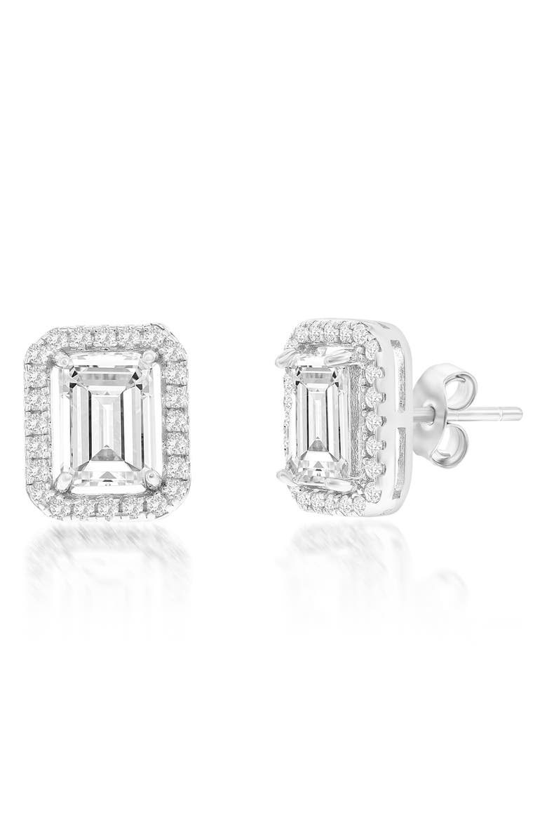 SIMONA Halo Baguette Cut Cubic Zirconia Stud Earrings, Main, color, 