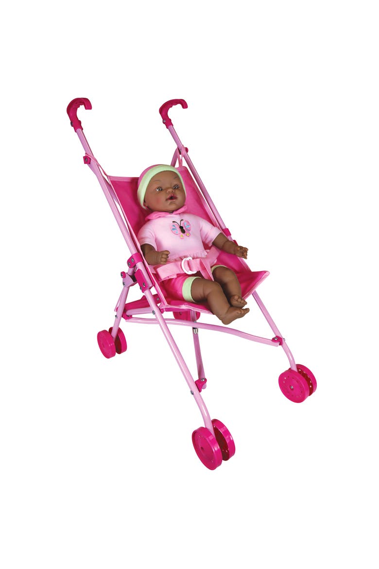 Umbrella Stroller & 16 Inch African American Doll, Pink & Green Butterfly, Alternate, color, Multicolored
