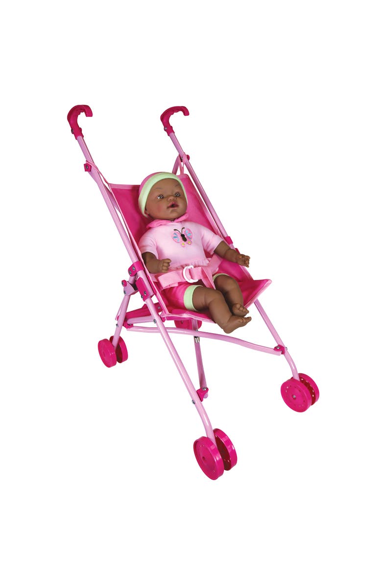 Lissi Umbrella Stroller & 16 Inch African American Doll, Pink & Green Butterfly, Alternate, color, Multicolored