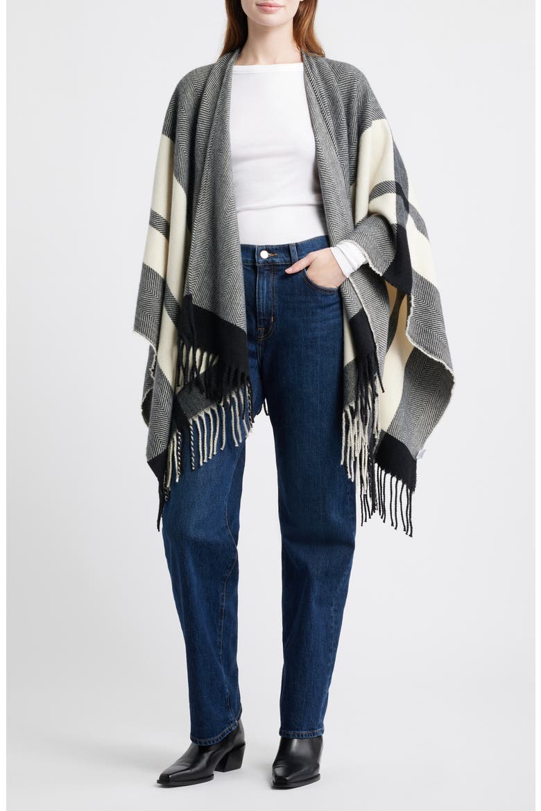 Cozy Fringe Ruana, Main, color, BLACK- LIGHT GREY