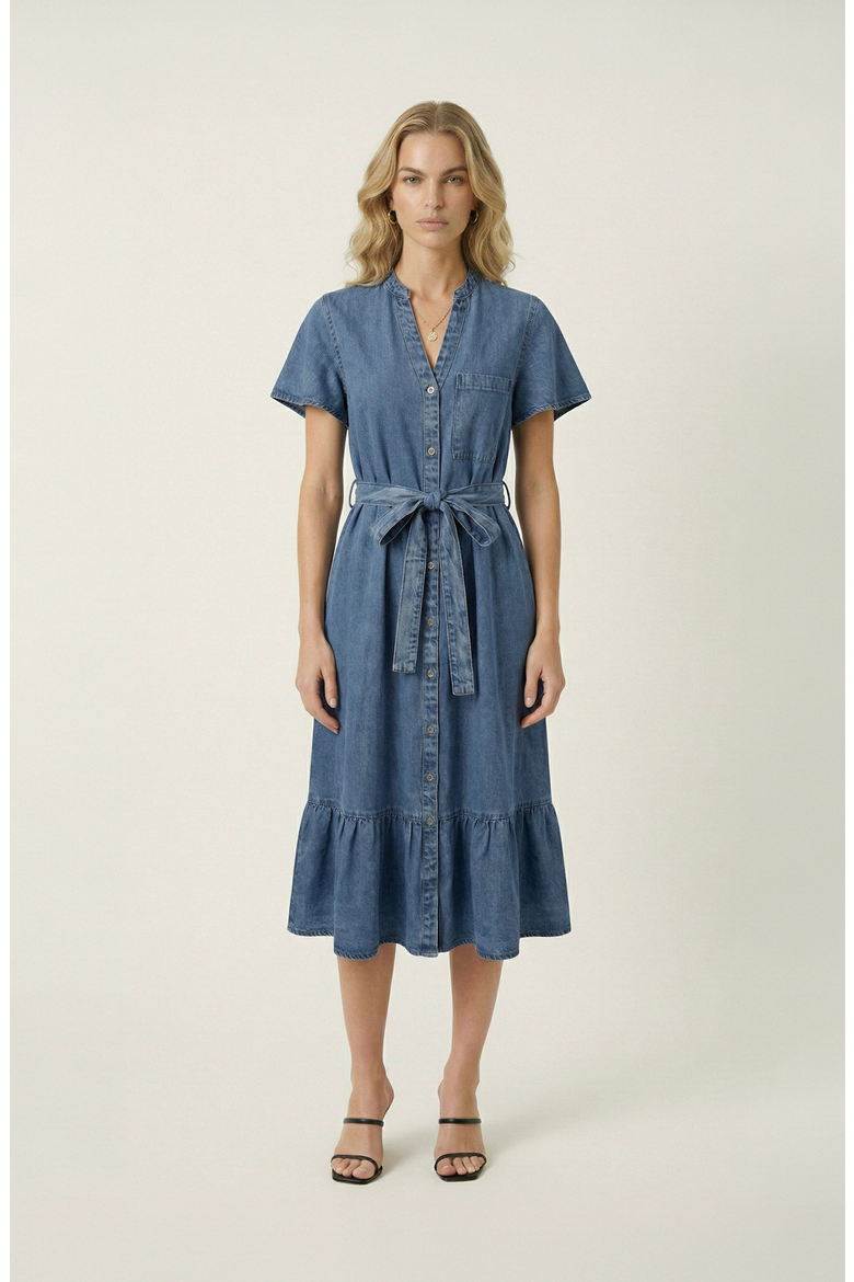 Belted Denim Ruffle Hem Dress, Main, color, Medium Wash Blue