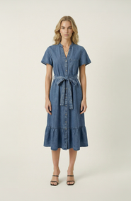 Modenaire Belted Denim Ruffle Hem Dress