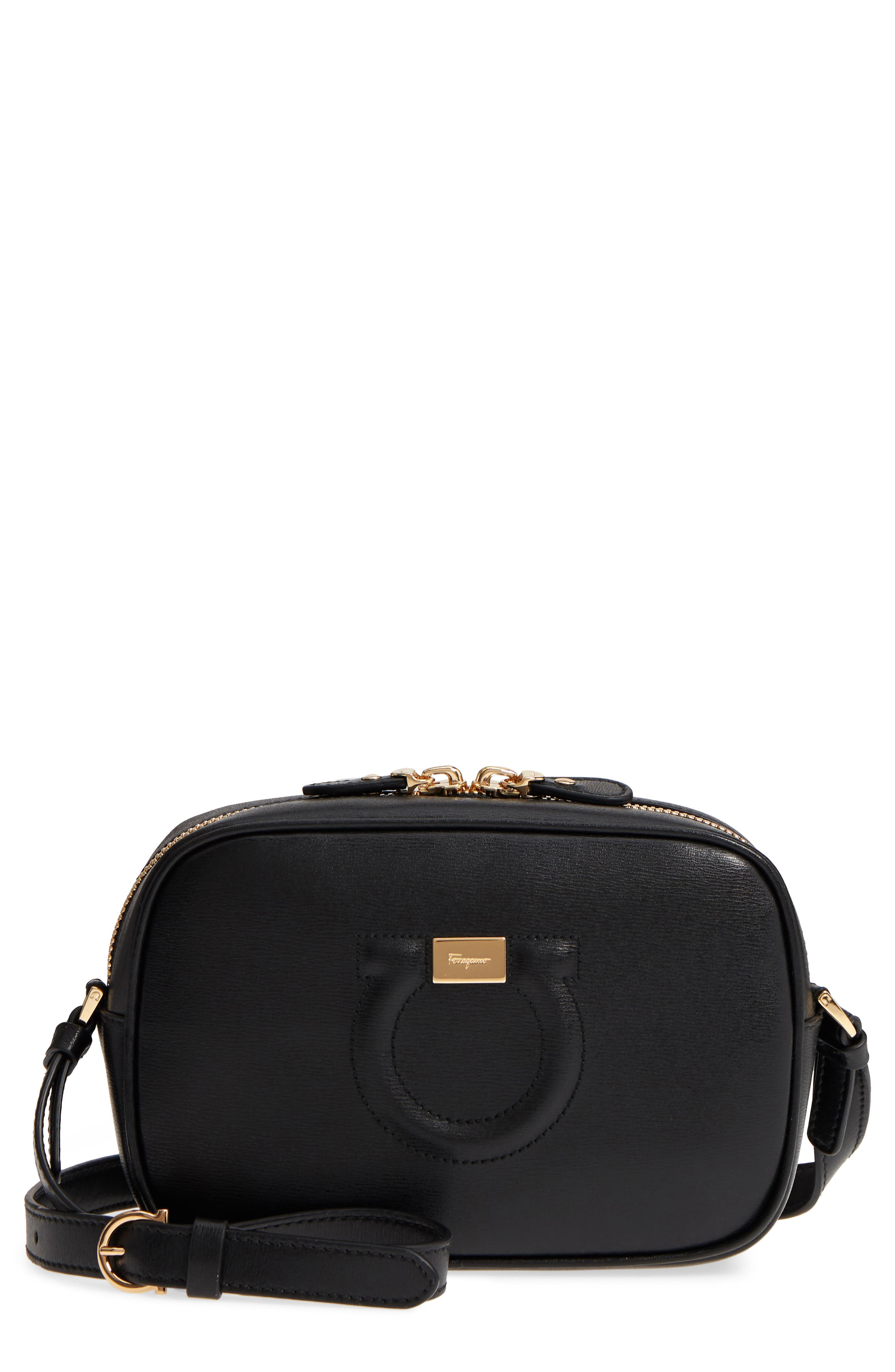 Salvatore Ferragamo Gancio Leather Camera Bag, Main, color, NERO