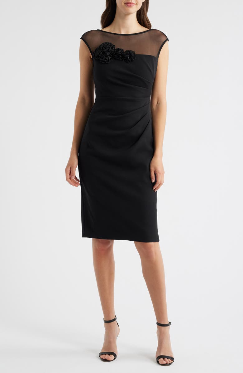 Eliza J Rosette Detail Mesh & Scuba Crepe Cocktail Sheath Dress, Main, color, Black