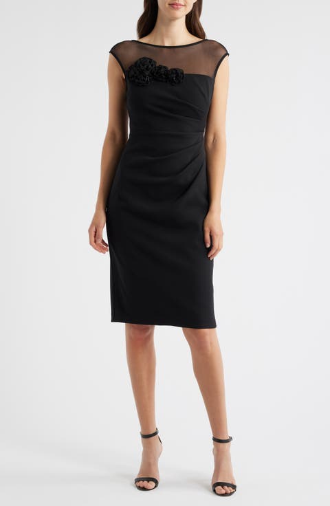 Rosette Detail Mesh & Scuba Crepe Cocktail Sheath Dress