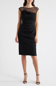 Eliza J Rosette Detail Mesh & Scuba Crepe Cocktail Sheath Dress