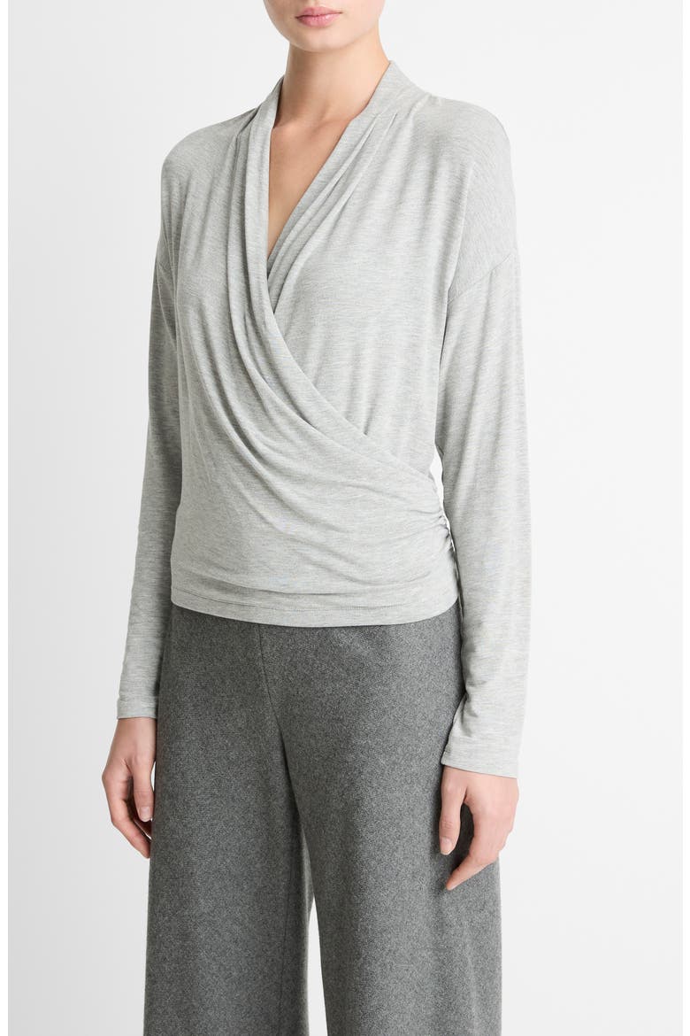 Draped Faux Wrap Top, Alternate, color, HEATHER PALE GREY