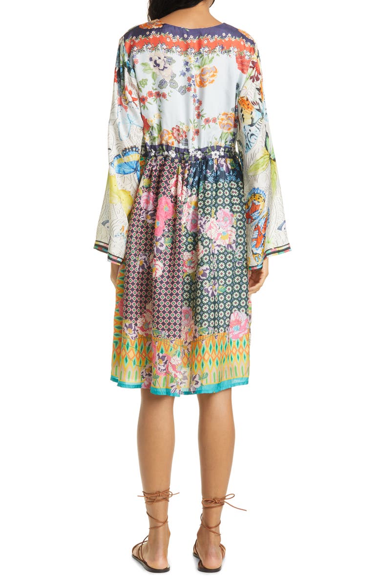 Johnny Was Mixed Print Long Sleeve Silk Babydoll Dress, Alternate, color,