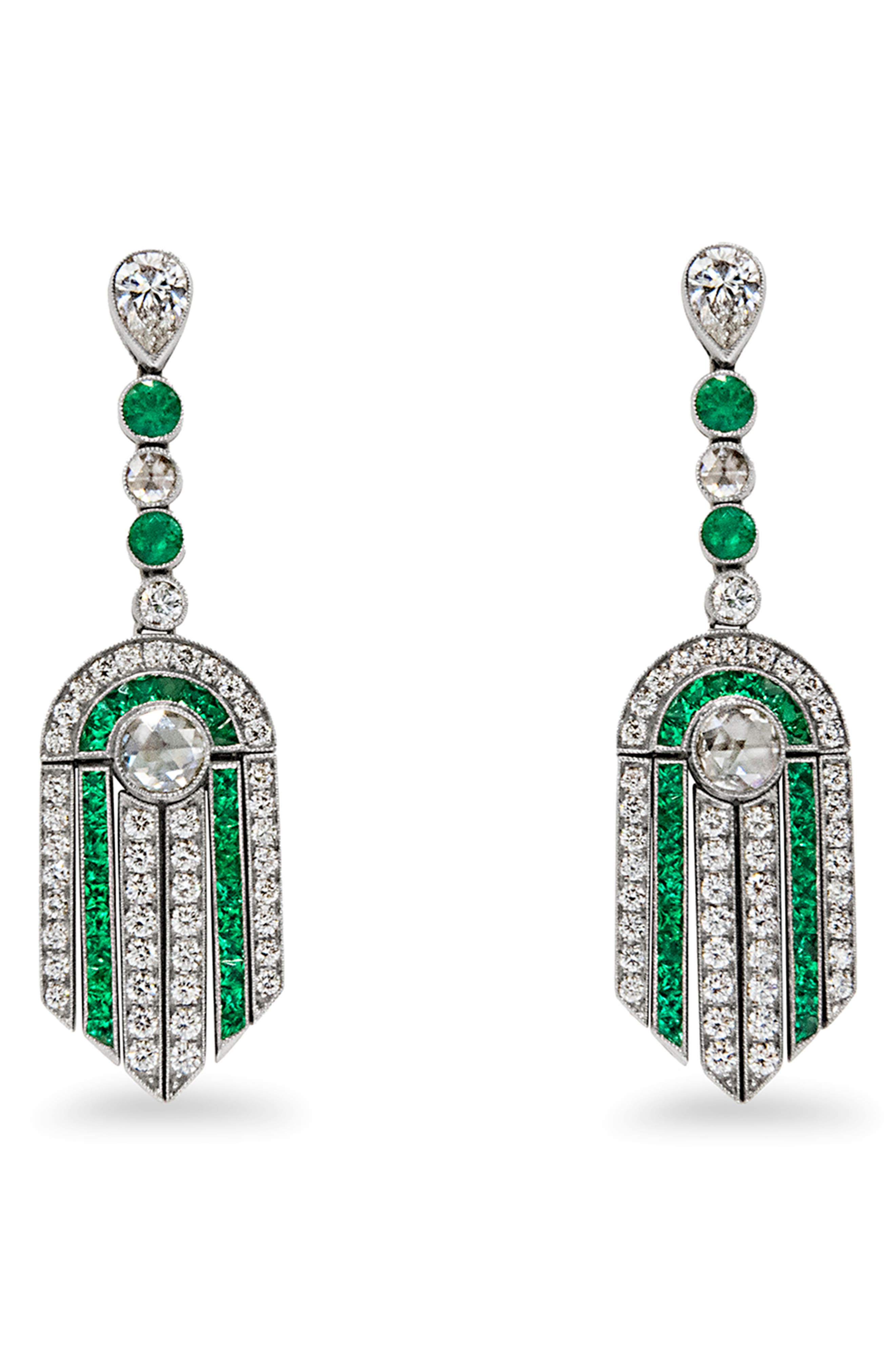 Fred Leighton Emerald & Diamond Drop Earrings In White Gold
