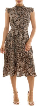 Nina Leonard Smocked Neck Tie Waist Midi Dress