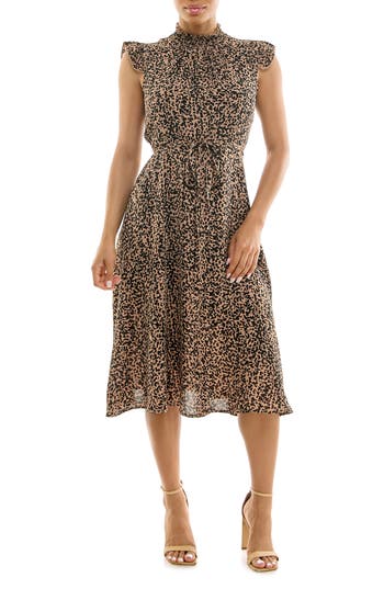 Nina Leonard Smocked Neck Tie Waist Midi Dress