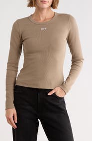 Off-White Fitted Long Sleeve Ribbed Crop T-Shirt