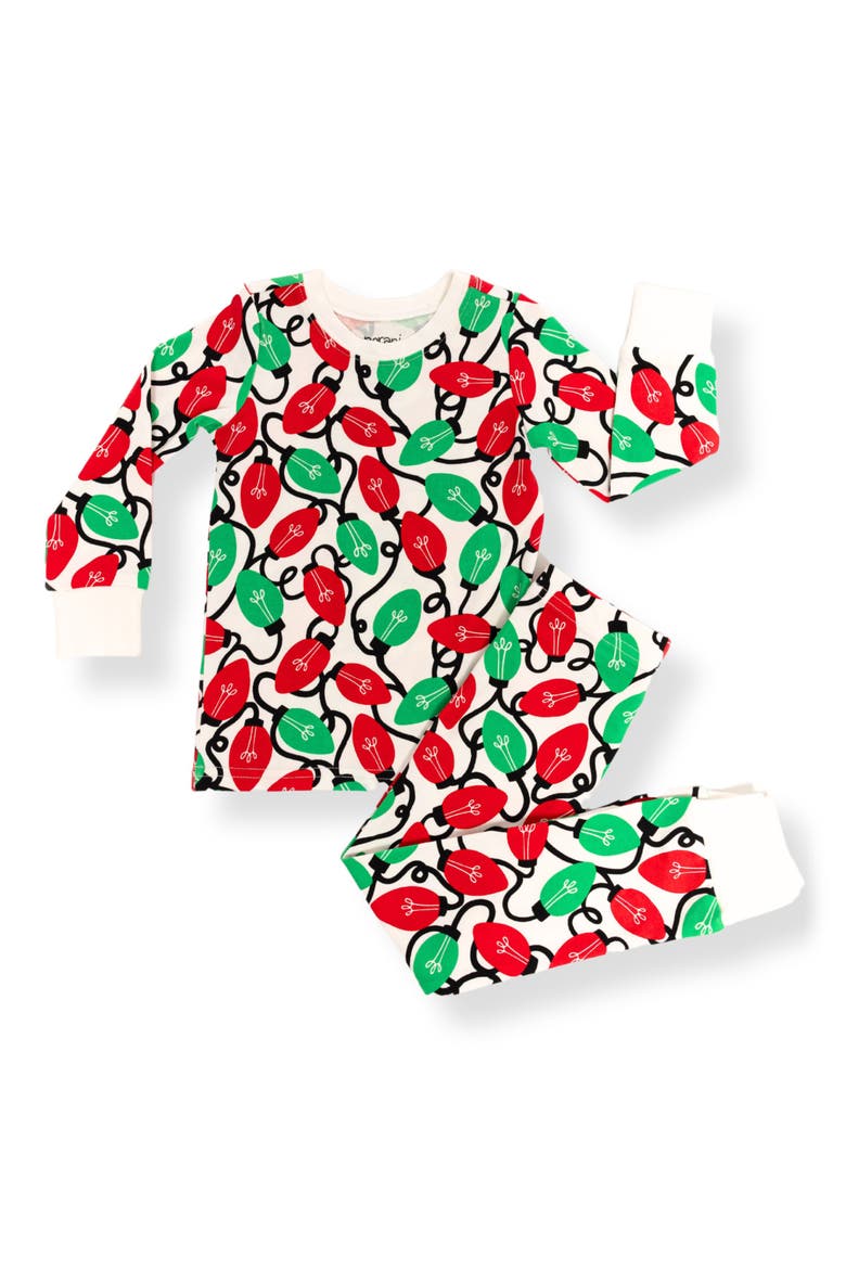 Holiday Lights Fitted Two-Piece Stretch Organic Cotton Pajamas, Main, color, RED/ GREEN