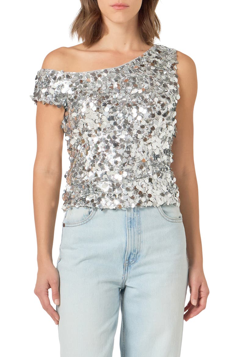 Paillette One-Shoulder Top, Main, color, SILVER