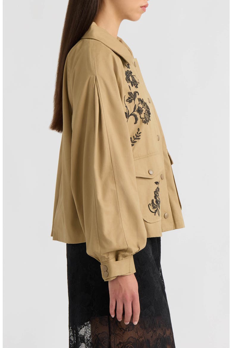 Embroidered Balloon Sleeve Twill Jacket, Alternate, color, KHAKI